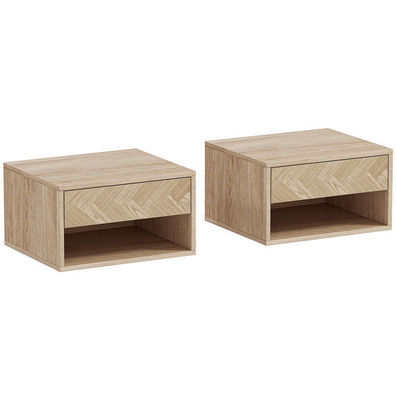 Floating Bedside Tables Set of 2 with Drawer and Shelf for Space Saving Storage Natural Wood AOSOM