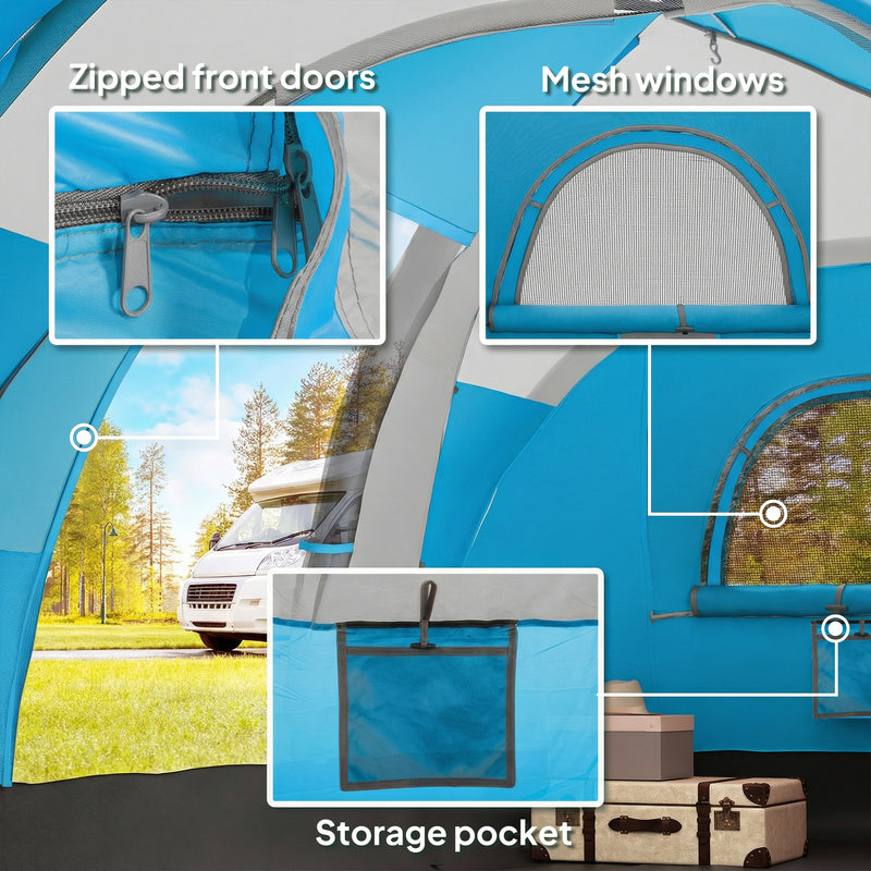Family Tunnel Camping Tent With Groundsheet, Mesh Windows & Carry Bag, Light Blue