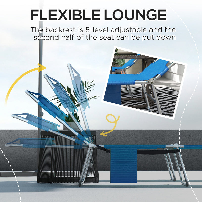 Set of 2 Blue Foldable Sun Loungers with Reading Hole and 5 Position Adjustable Backrest