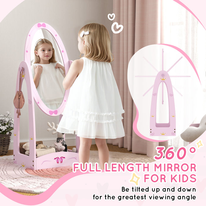 Kids Full Length Rotating Mirror With Storage Shelf Pink by AIYAPLAY