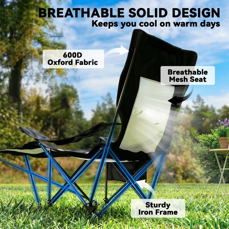 Set of 2 Reclining Camping Chairs with Adjustable Backrest and Cup Holder Black