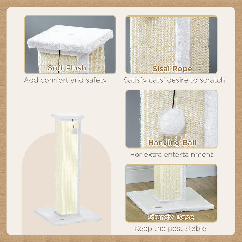 White 81cm Cat Scratcher with Sisal Rope Hanging Ball and Soft Plush by PawHut