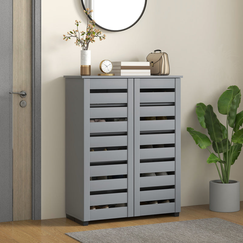 Grey Shoe Storage Cabinet For Hallway With Adjustable Shelves, Slatted Doors, Holds 15 Pairs