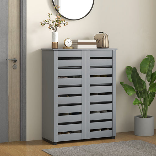 Grey Shoe Storage Cabinet For Hallway With Adjustable Shelves, Slatted Doors, Holds 15 Pairs