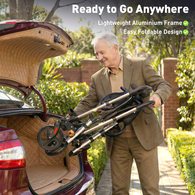 HOMCOM Rollator Walker with Seat with Carry Bag, Adjustable Height, Cane Holder for Seniors and Disabled, Gold Tone