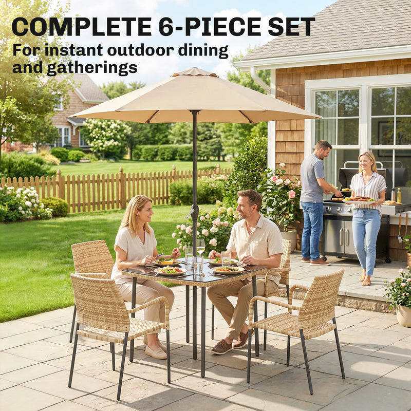 4 Seater Rattan Garden Dining Set with Stackable Chairs and Umbrella for Family Meals