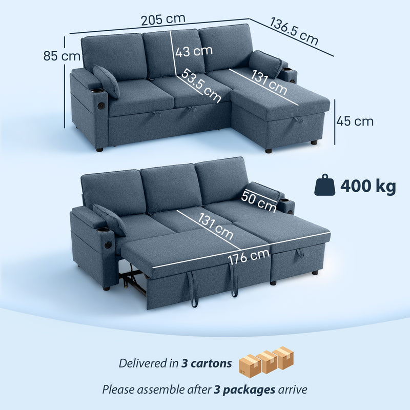 Corner Sofa Bed with Storage and USB Charging for Small Living Rooms Blue AOSOM