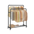 Songmics rolling clothes rack with double rods in ink black, studio shot with hanging clothes and shoe basket