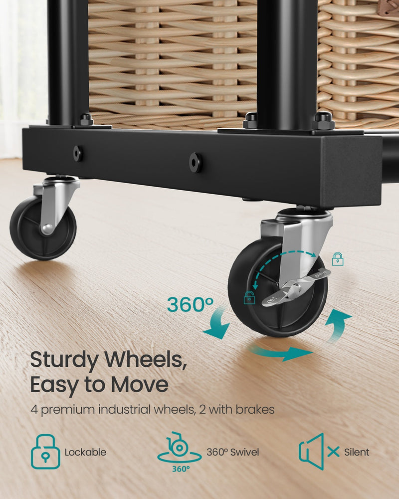 Close-up of the clothes rack's 360 degree swivel castor wheels with lockable brakes