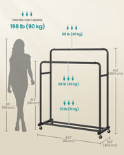 Dimensions diagram of the double rod clothes rack showing 110cm width, 46.5cm depth and 155.5cm height