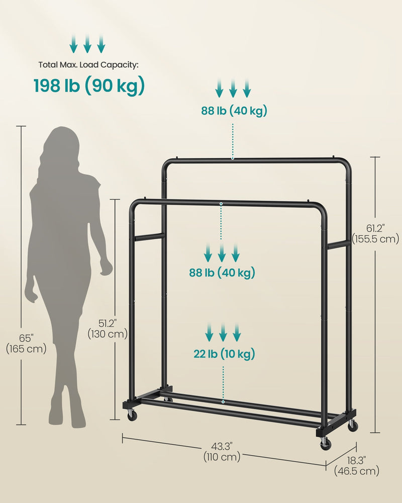 Dimensions diagram of the double rod clothes rack showing 110cm width, 46.5cm depth and 155.5cm height