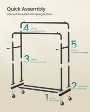 Step-by-step assembly diagram for the rolling double rod clothes rack