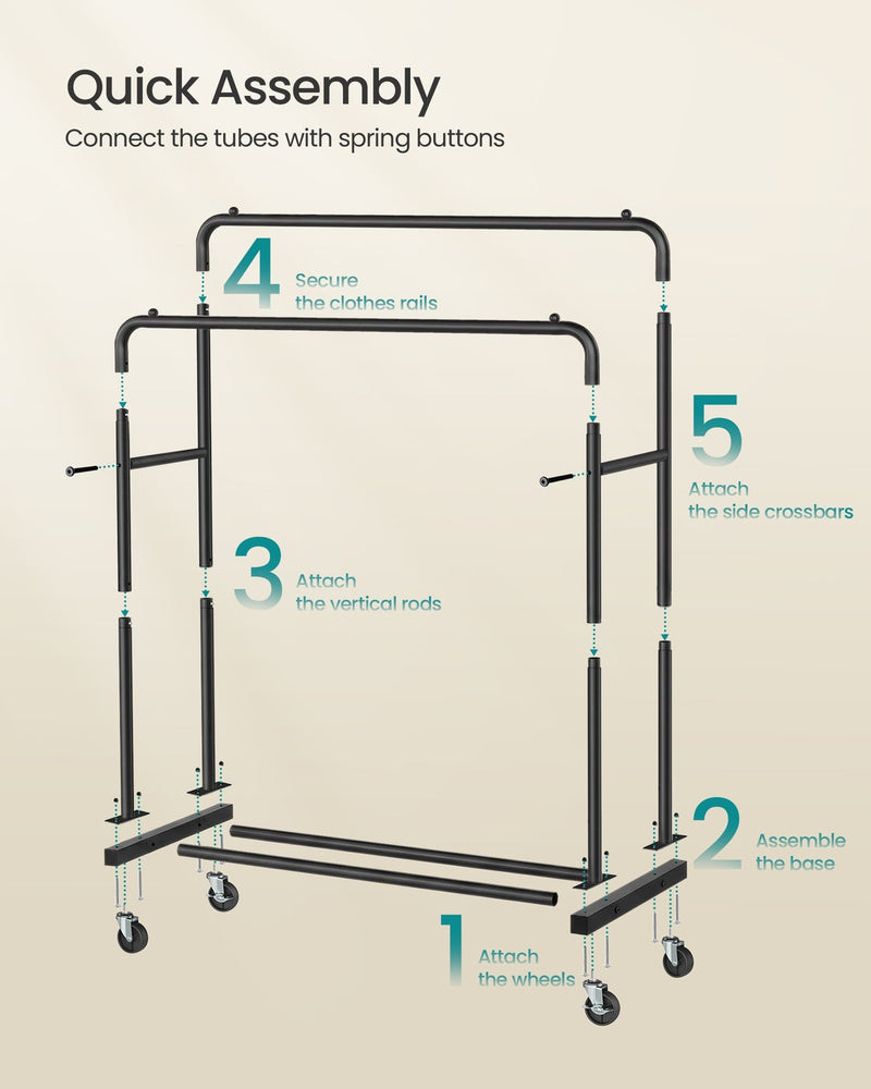 Step-by-step assembly diagram for the rolling double rod clothes rack