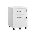 White 2-drawer rolling file cabinet with silver handles, key locks and black castors on a plain background