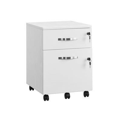 White 2-drawer rolling file cabinet with silver handles, key locks and black castors on a plain background