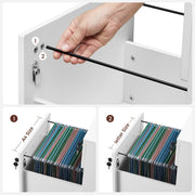 Close-up of the hanging file rail being fitted, with A4 and letter-size rail positions compared
