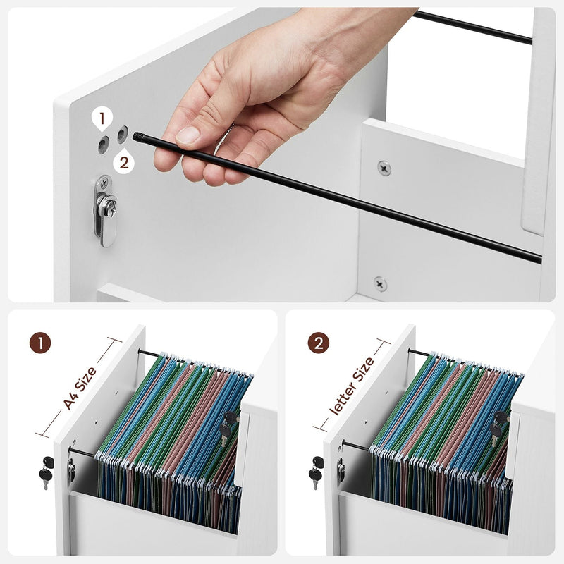Close-up of the hanging file rail being fitted, with A4 and letter-size rail positions compared