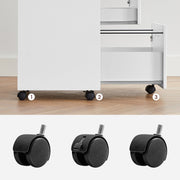 Close-up of the black castors under the cabinet base, including the braked locking castor