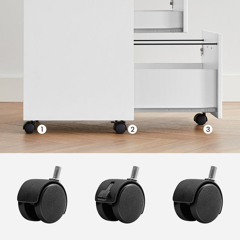 Close-up of the black castors under the cabinet base, including the braked locking castor