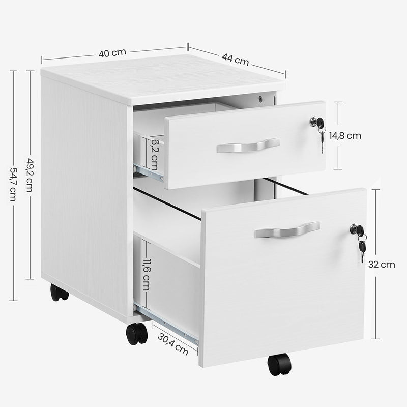 Dimensions diagram of the file cabinet: 40 cm wide, 44 cm deep and 54.7 cm tall with drawer sizes labelled