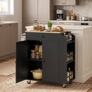 Kitchen island with cabinet doors open showing jars and a casserole pot, side spice rack filled