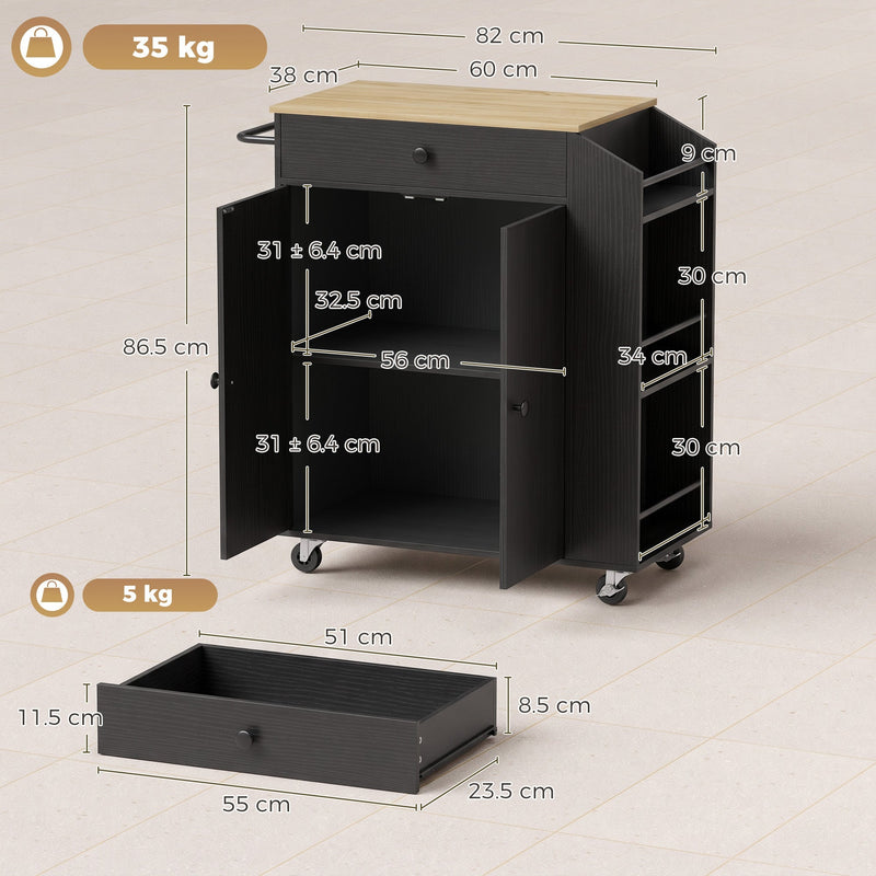 Dimensions diagram: 82 x 38 x 86.5 cm, 60 cm countertop, 35 kg capacity, drawer and shelf sizes