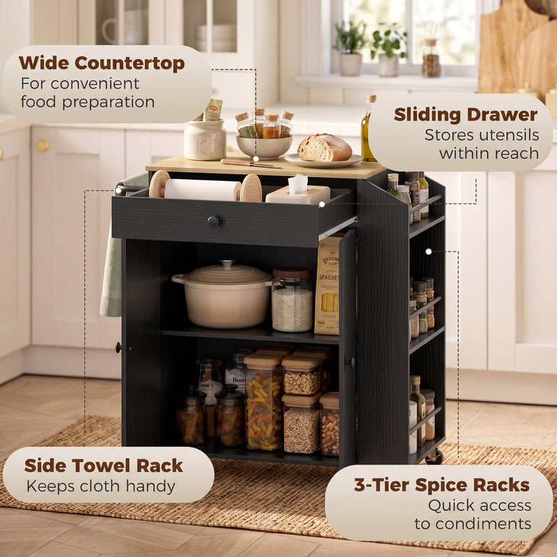 Feature callouts: wide countertop, sliding drawer, side towel rack and 3-tier spice racks