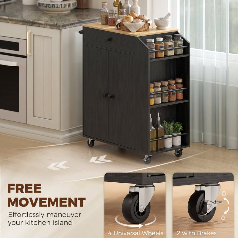 Kitchen island beside a counter with close-ups of a swivel wheel and a braked wheel
