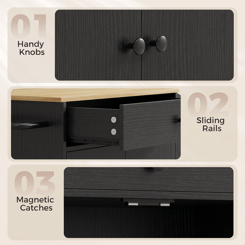 Close-ups of the door knobs, sliding drawer rails and magnetic catch