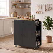 Kitchen island with spices on the side rack and utensils hanging on the wall behind