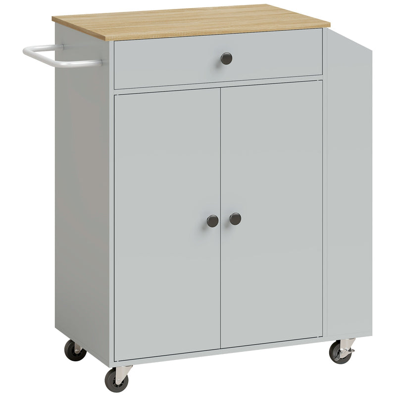 Kitchen trolley with a drawer, double cabinet and side towel bar on a plain background