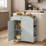 Island with both doors open, storing jars, spices and a casserole dish