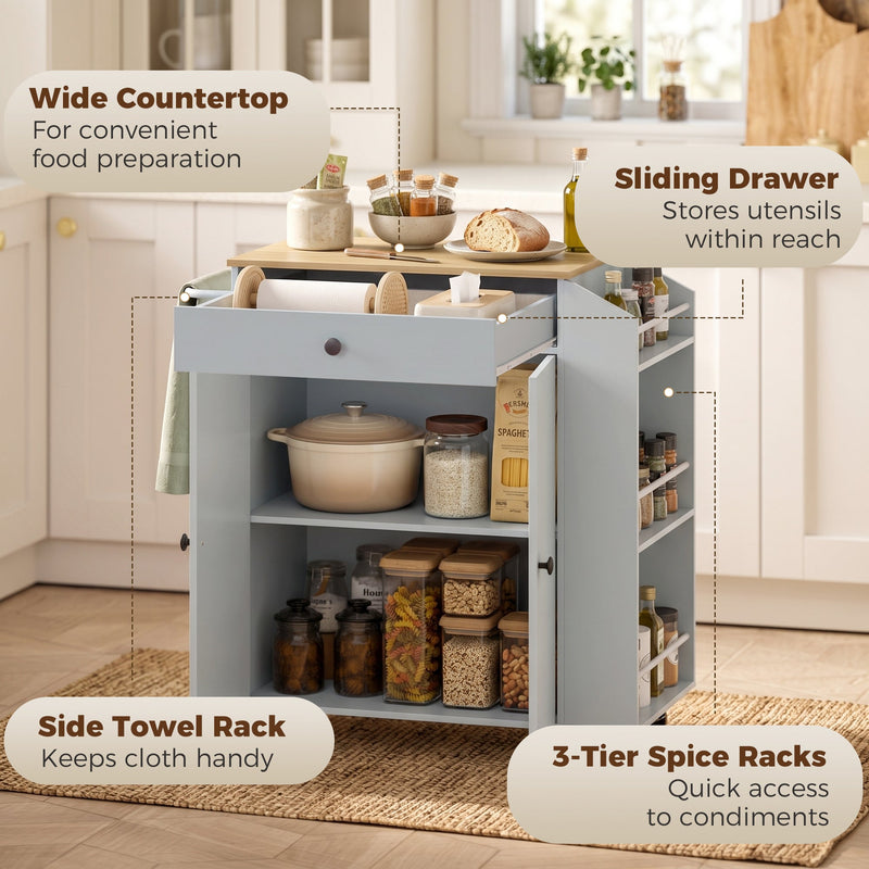 Labelled graphic of the countertop, drawer, towel rack and spice racks in a kitchen
