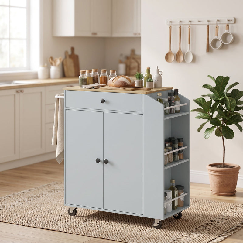 Kitchen trolley in a bright kitchen with bread and spices on top