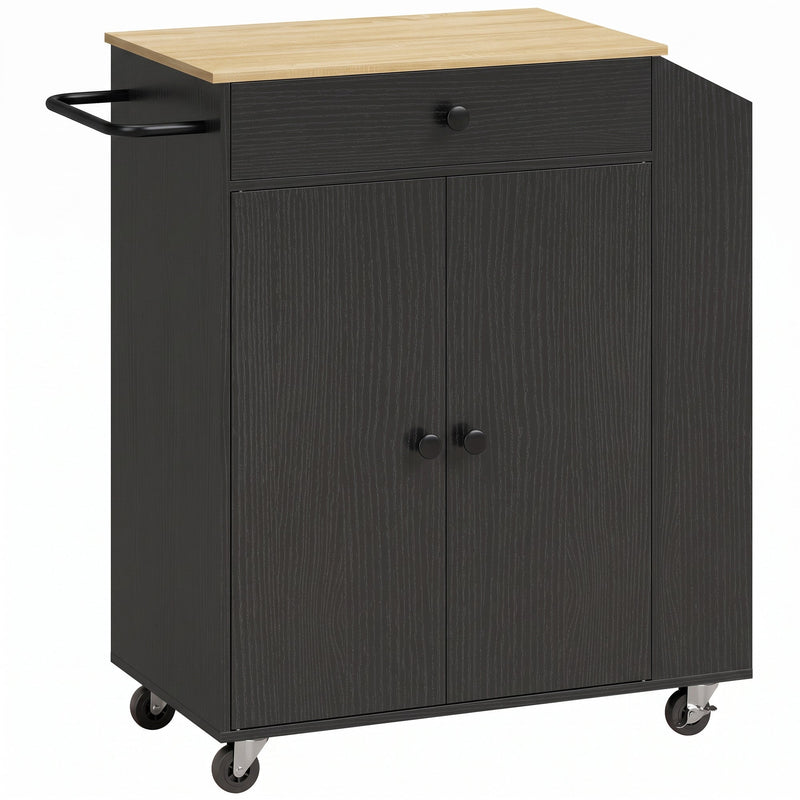 Rolling kitchen island with drawer, 2-door cabinet, towel bar and wheels, studio shot