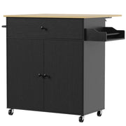 Black rolling kitchen island with drop-leaf top, drawer and cabinet, studio shot