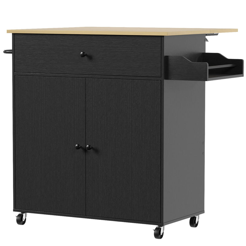 Black rolling kitchen island with drop-leaf top, drawer and cabinet, studio shot