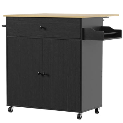 Black rolling kitchen island with drop-leaf top, drawer and cabinet, studio shot