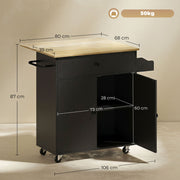 Dimension diagram showing overall size, countertop and cabinet measurements of the black kitchen island