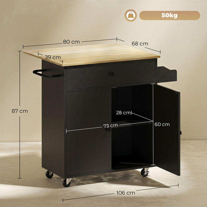 Dimension diagram showing overall size, countertop and cabinet measurements of the black kitchen island