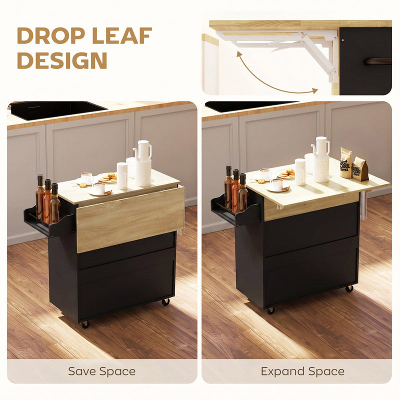 Drop-leaf worktop shown folded to save space and unfolded for extra prep space