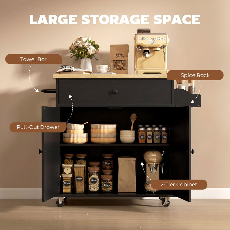 Labelled diagram of the towel bar, spice rack, pull-out drawer and 2-tier cabinet