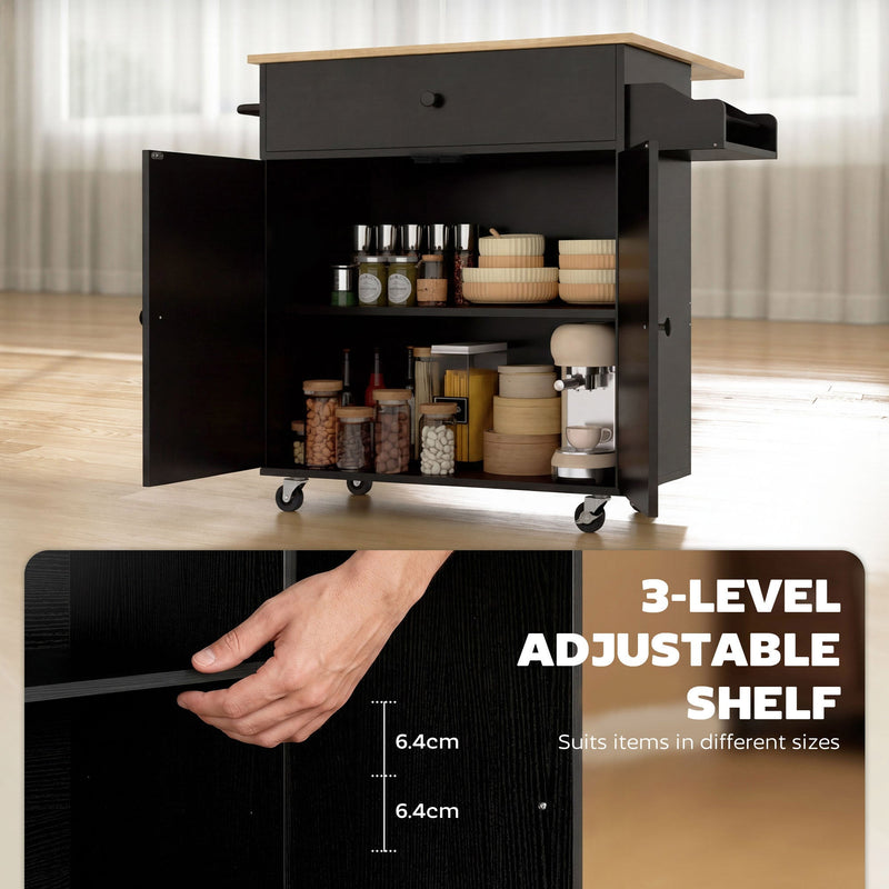 Open cabinet with adjustable shelf and close-up of the 3-level shelf spacing