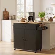 Black kitchen island used as a coffee station with a coffee maker and spice jars