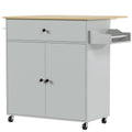 Grey rolling kitchen island with drop-leaf top, drawer and cabinet, studio shot
