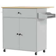 Grey rolling kitchen island with drop-leaf top, drawer and cabinet, studio shot