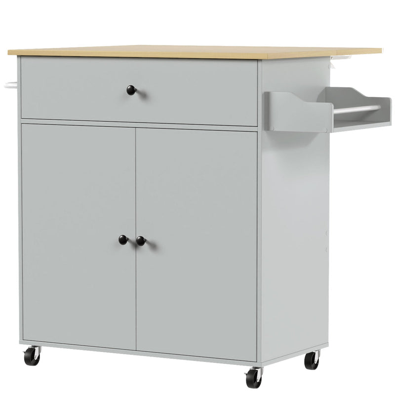 Grey rolling kitchen island with drop-leaf top, drawer and cabinet, studio shot