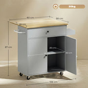 Dimension diagram showing overall size, countertop and cabinet measurements of the grey kitchen island