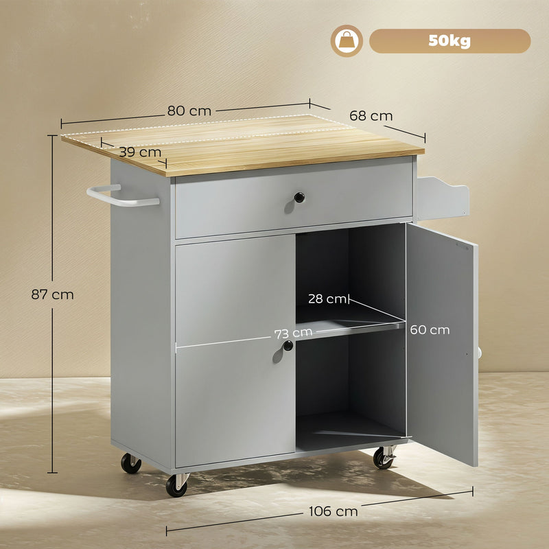 Dimension diagram showing overall size, countertop and cabinet measurements of the grey kitchen island