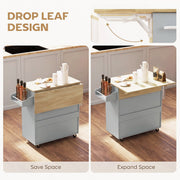 Drop-leaf worktop shown folded to save space and unfolded for extra prep space